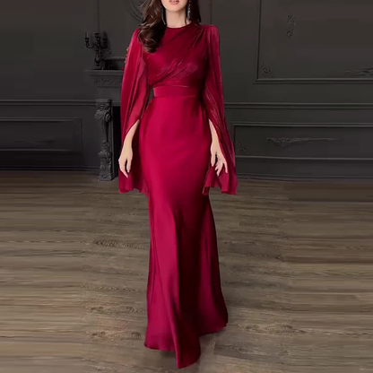 Vintage High Waisted Women Satin Long Dress New Ladies Temperament Crew Collar D