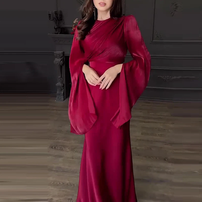 Vintage High Waisted Women Satin Long Dress New Ladies Temperament Crew Collar D