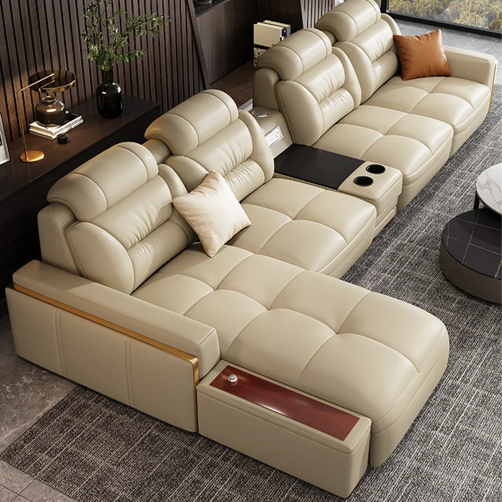Italian Leather Sectional Sofa with USB &amp; Bluetooth Speaker for Living Room