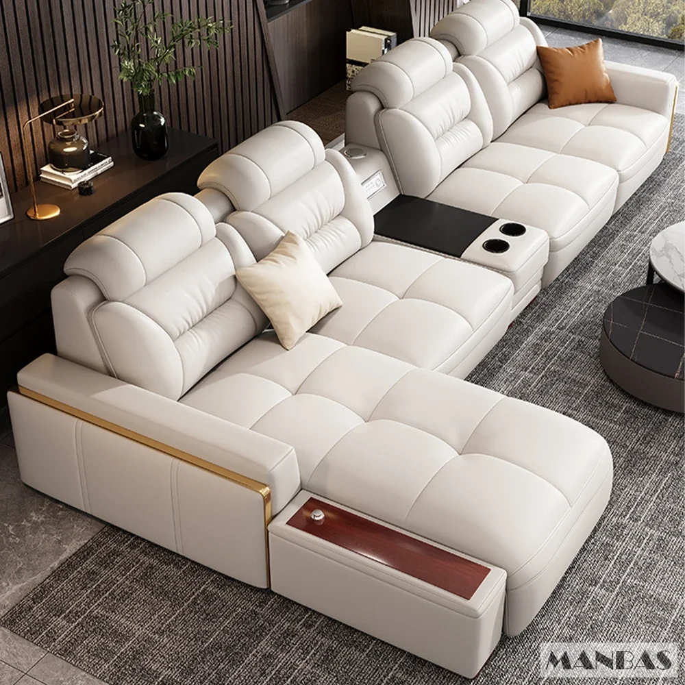 Italian Leather Sectional Sofa with USB &amp; Bluetooth Speaker for Living Room