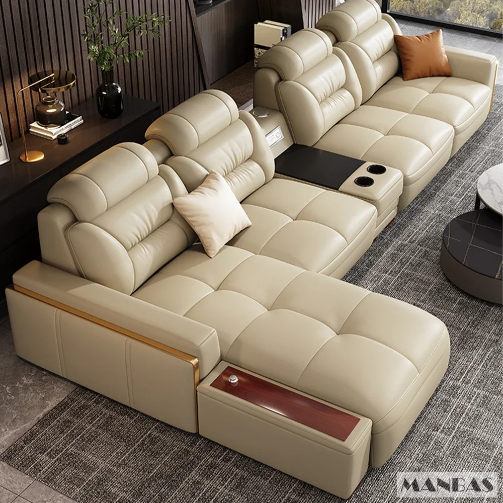 Italian Leather Sectional Sofa with USB &amp; Bluetooth Speaker for Living Room