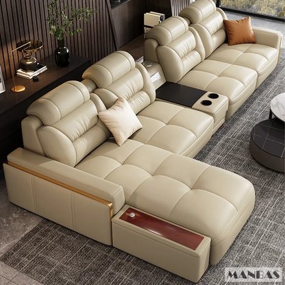 Italian Leather Sectional Sofa with USB &amp; Bluetooth Speaker for Living Room