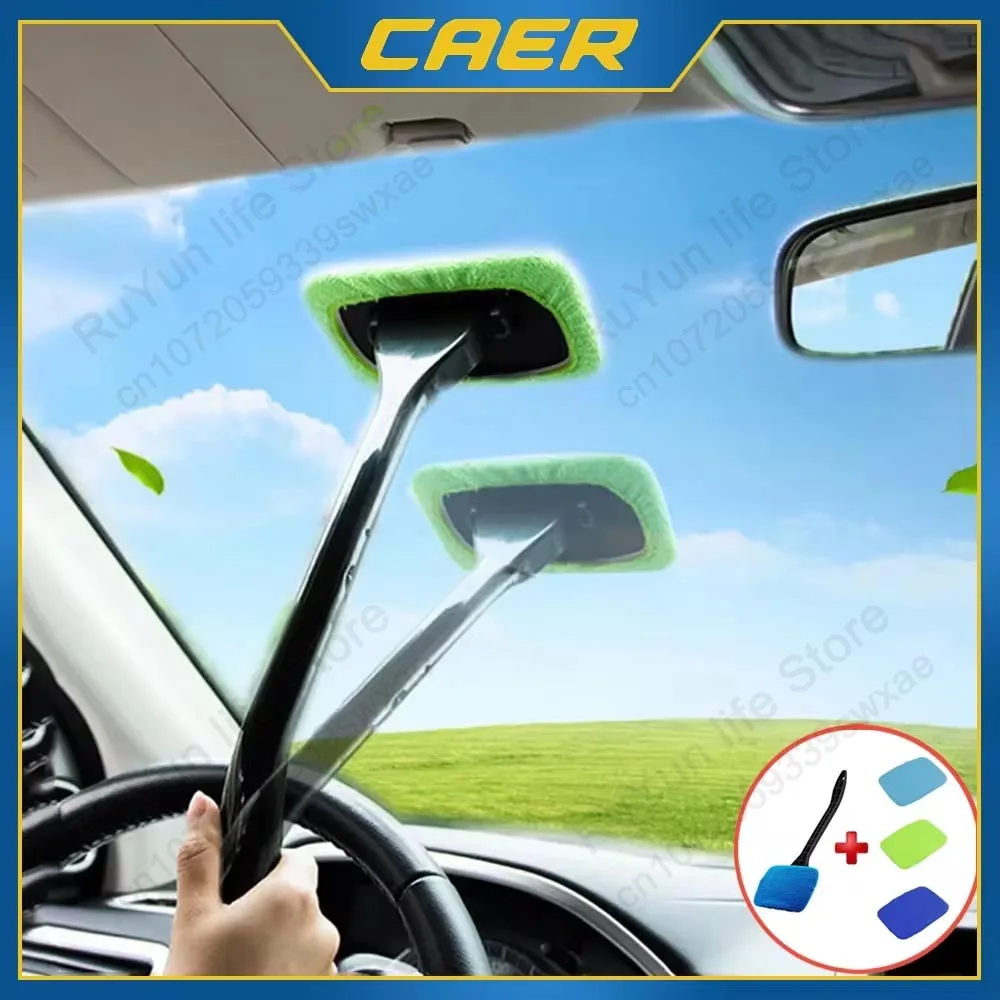 Microfiber Car Window Cleaner Brush Kit with Long Handle and Reusable Cloth Pad