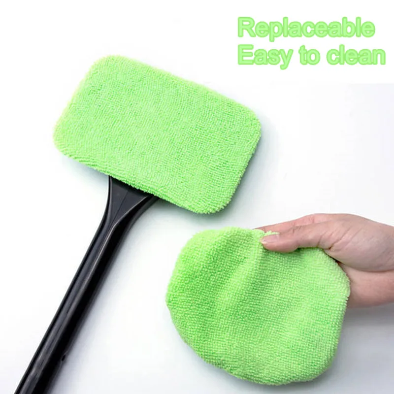 Microfiber Car Window Cleaner Brush Kit with Long Handle and Reusable Cloth Pad