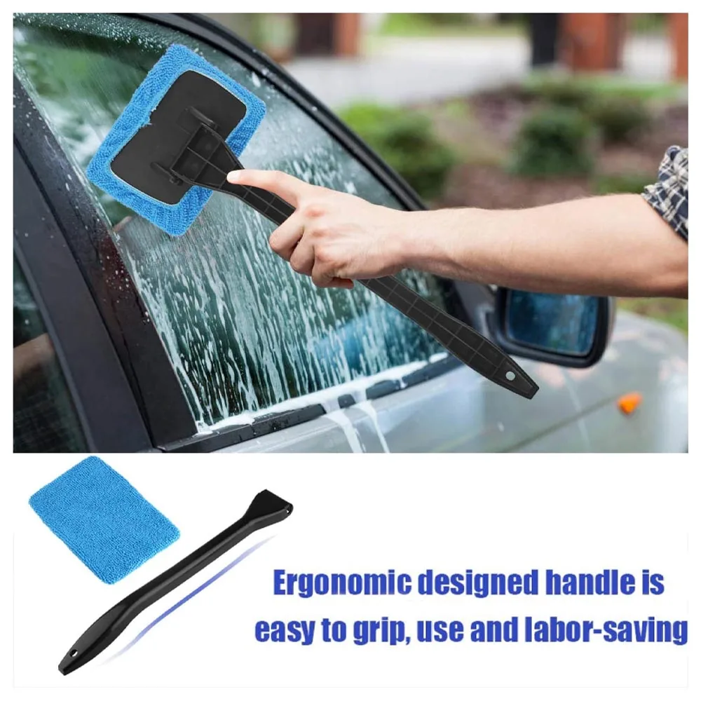 Microfiber Car Window Cleaner Brush Kit with Long Handle and Reusable Cloth Pad