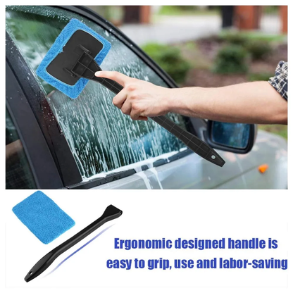 Microfiber Car Window Cleaner Brush Kit with Long Handle and Reusable Cloth Pad