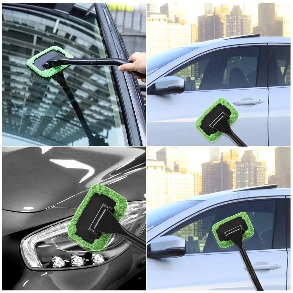 Microfiber Car Window Cleaner Brush Kit with Long Handle and Reusable Cloth Pad