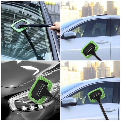 Microfiber Car Window Cleaner Brush Kit with Long Handle and Reusable Cloth Pad