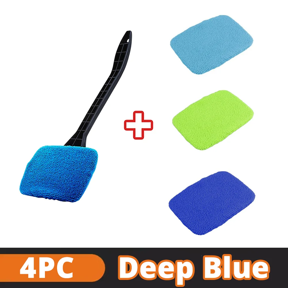 Microfiber Car Window Cleaner Brush Kit with Long Handle and Reusable Cloth Pad