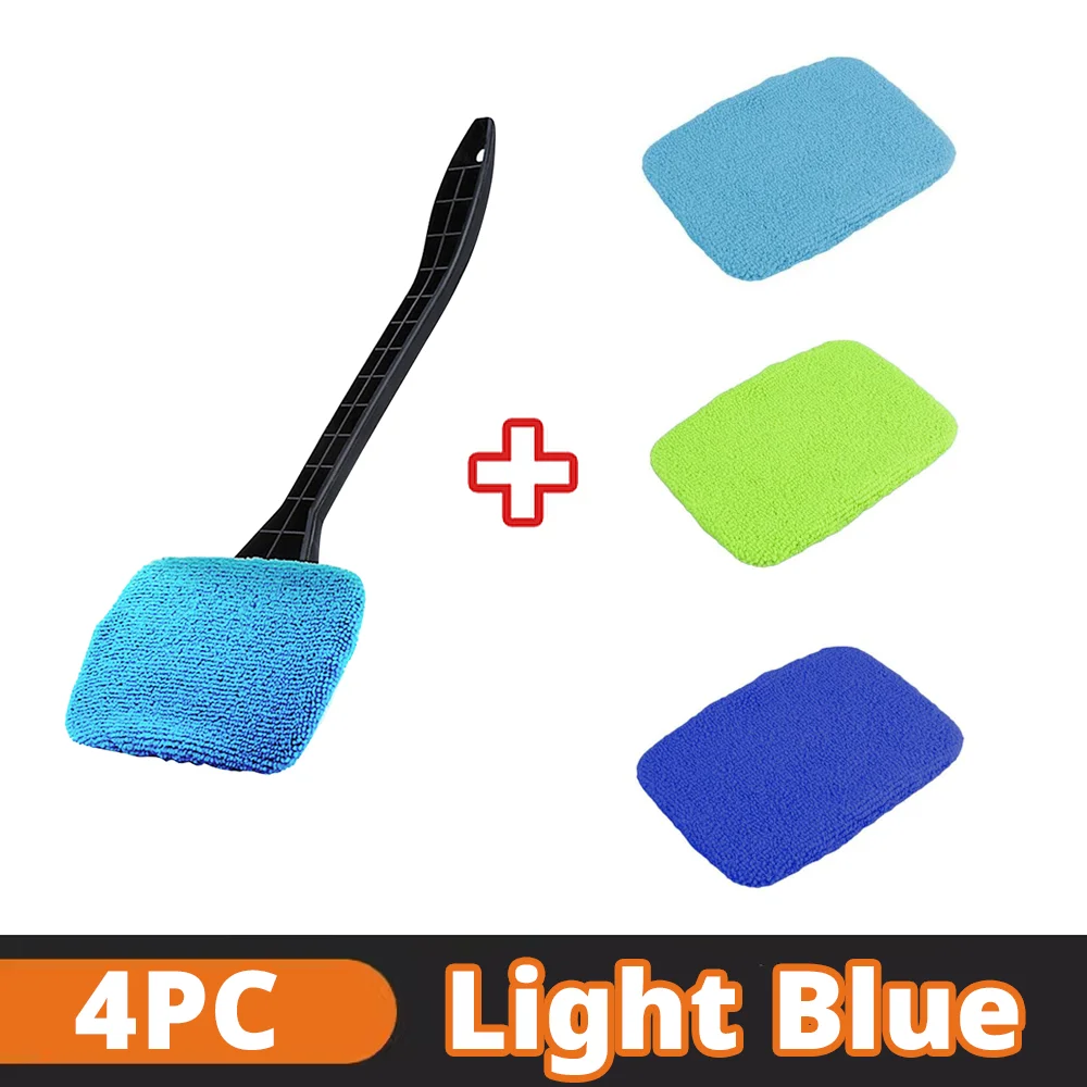 Microfiber Car Window Cleaner Brush Kit with Long Handle and Reusable Cloth Pad
