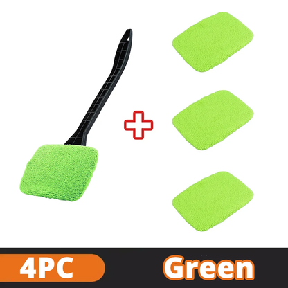 Microfiber Car Window Cleaner Brush Kit with Long Handle and Reusable Cloth Pad