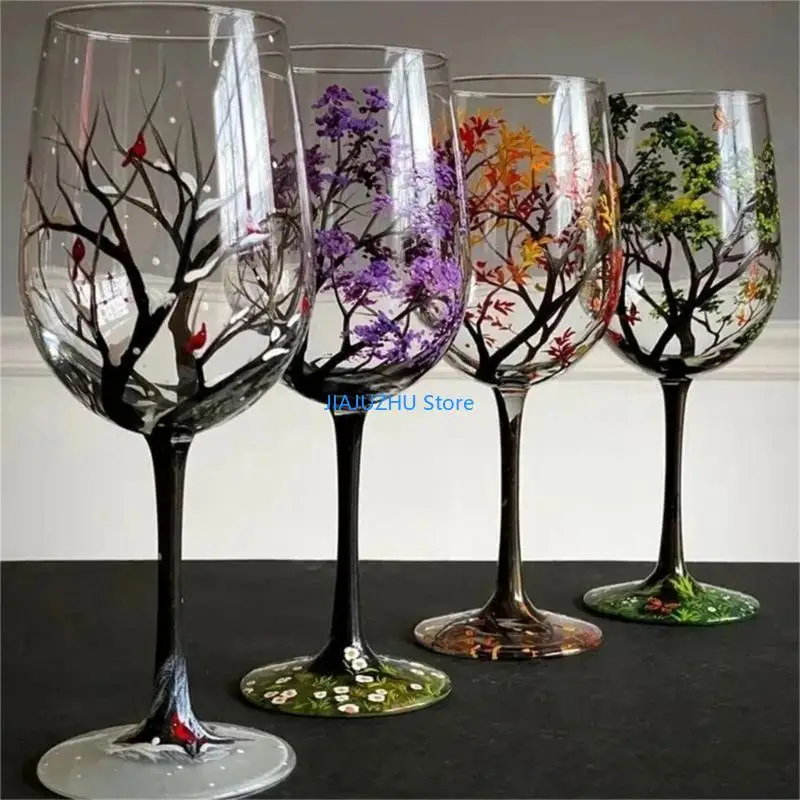 Hand-Painted Four Seasons Tree Wine Glass - Elegant Decorative Drinkware