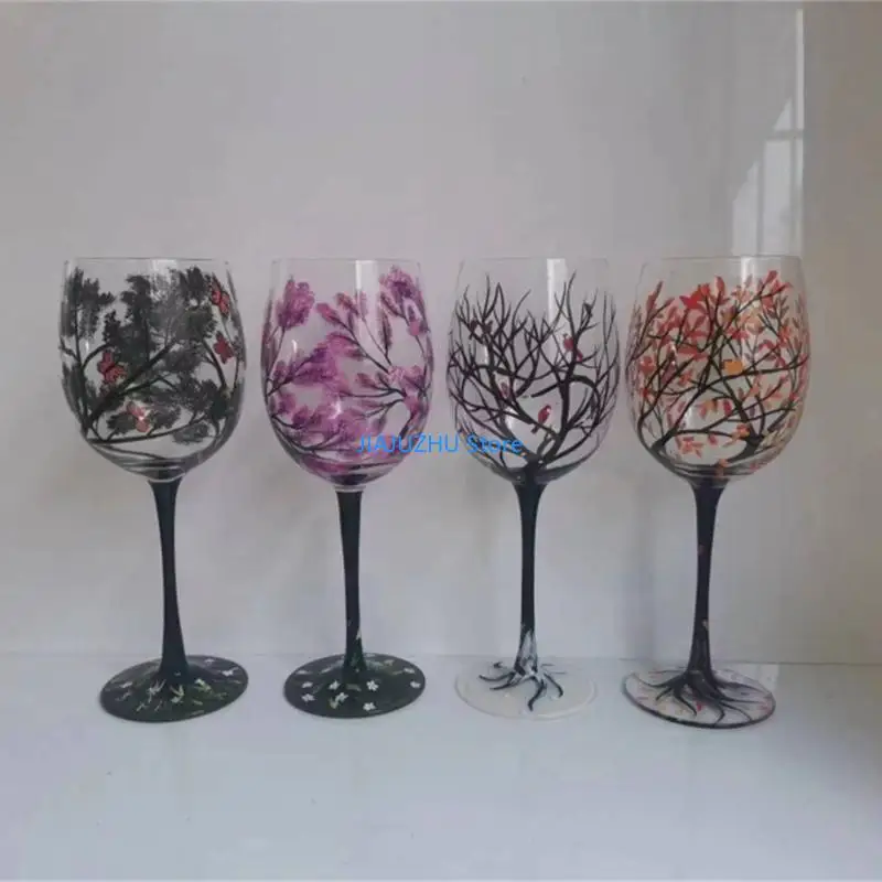 Hand-Painted Four Seasons Tree Wine Glass - Elegant Decorative Drinkware