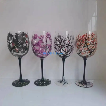 Hand-Painted Four Seasons Tree Wine Glass - Elegant Decorative Drinkware