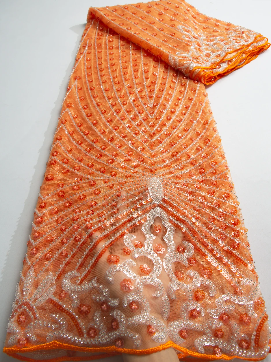 Premium African Tulle Lace Fabric with Bead Sequins for Dressmaking F3737