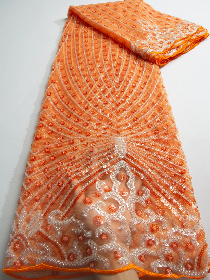 Premium African Tulle Lace Fabric with Bead Sequins for Dressmaking F3737