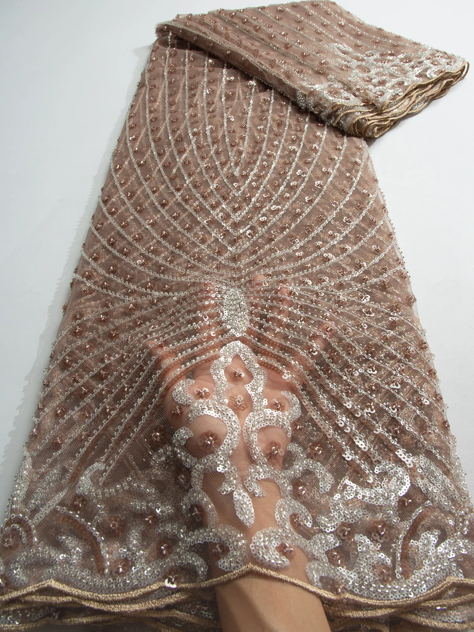 Premium African Tulle Lace Fabric with Bead Sequins for Dressmaking F3737