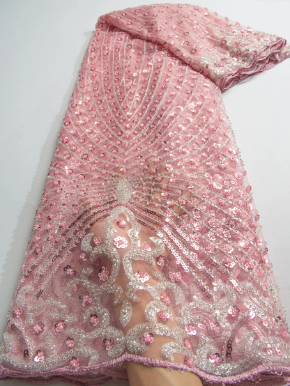 Premium African Tulle Lace Fabric with Bead Sequins for Dressmaking F3737