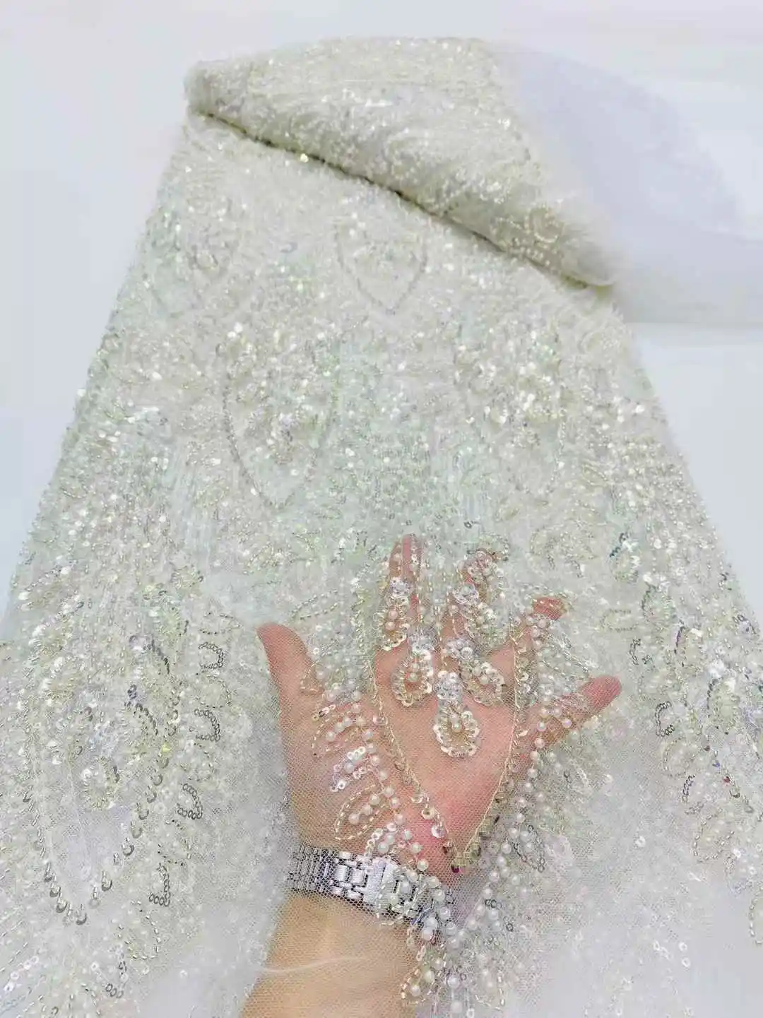 Elegant Handmade Beaded African Lace Fabric with Sequins for Bridal 2025