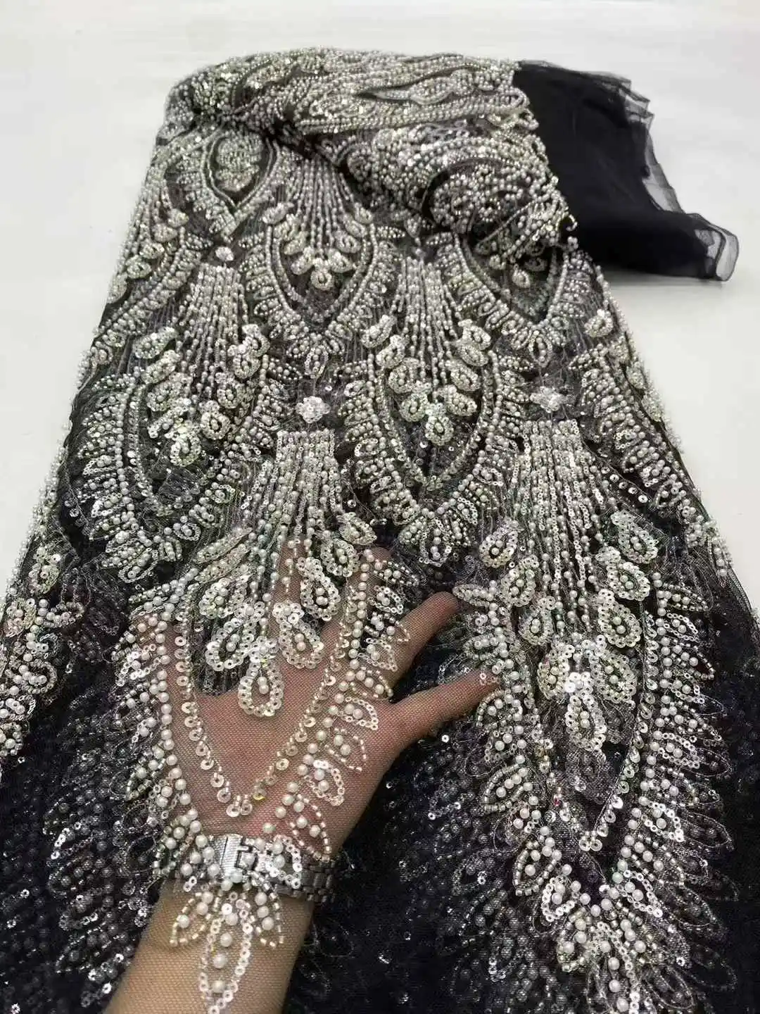 Elegant Handmade Beaded African Lace Fabric with Sequins for Bridal 2025