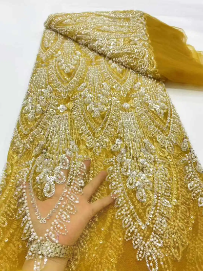 Elegant Handmade Beaded African Lace Fabric with Sequins for Bridal 2025