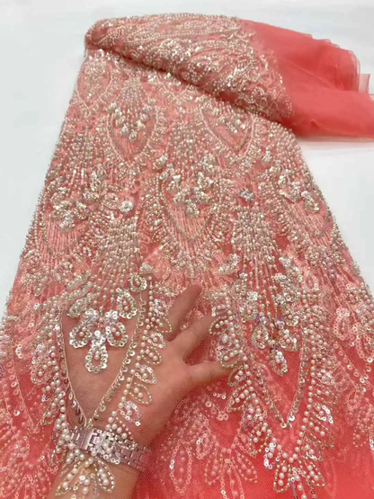 Elegant Handmade Beaded African Lace Fabric with Sequins for Bridal 2025