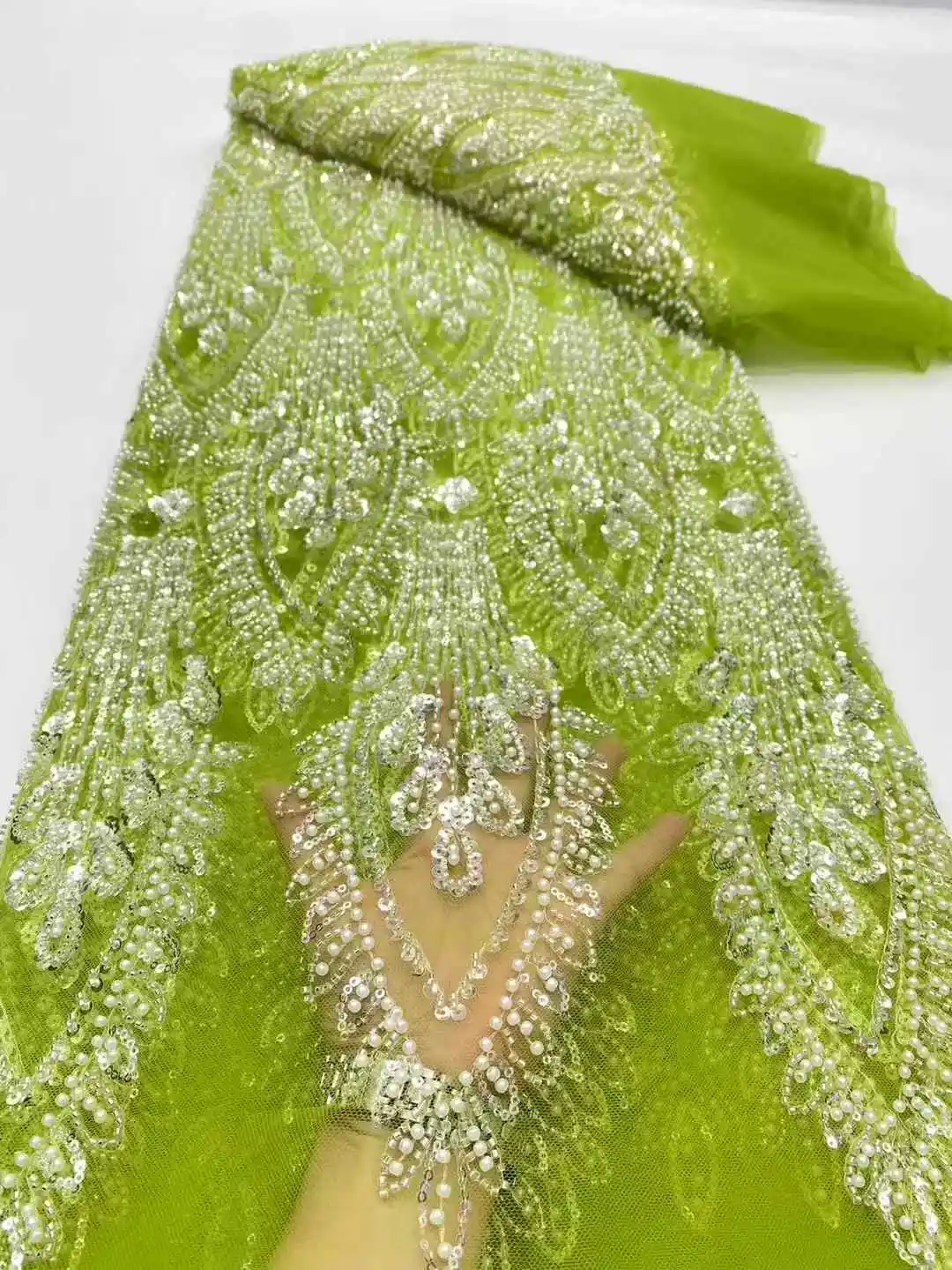 Elegant Handmade Beaded African Lace Fabric with Sequins for Bridal 2025