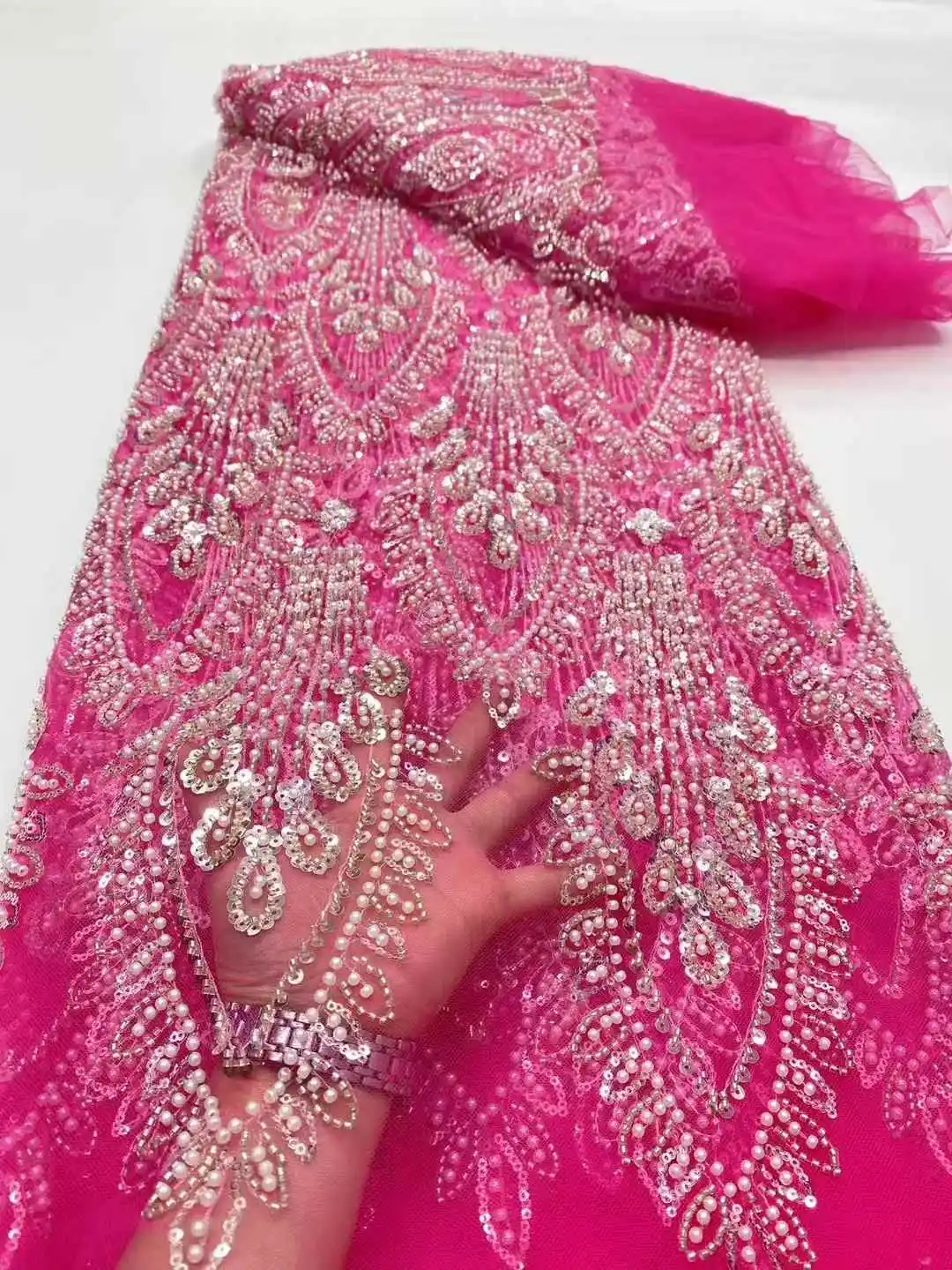 Elegant Handmade Beaded African Lace Fabric with Sequins for Bridal 2025