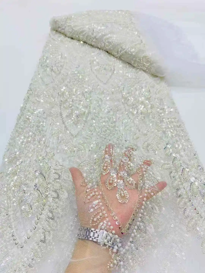 Elegant Handmade Beaded African Lace Fabric with Sequins for Bridal 2025