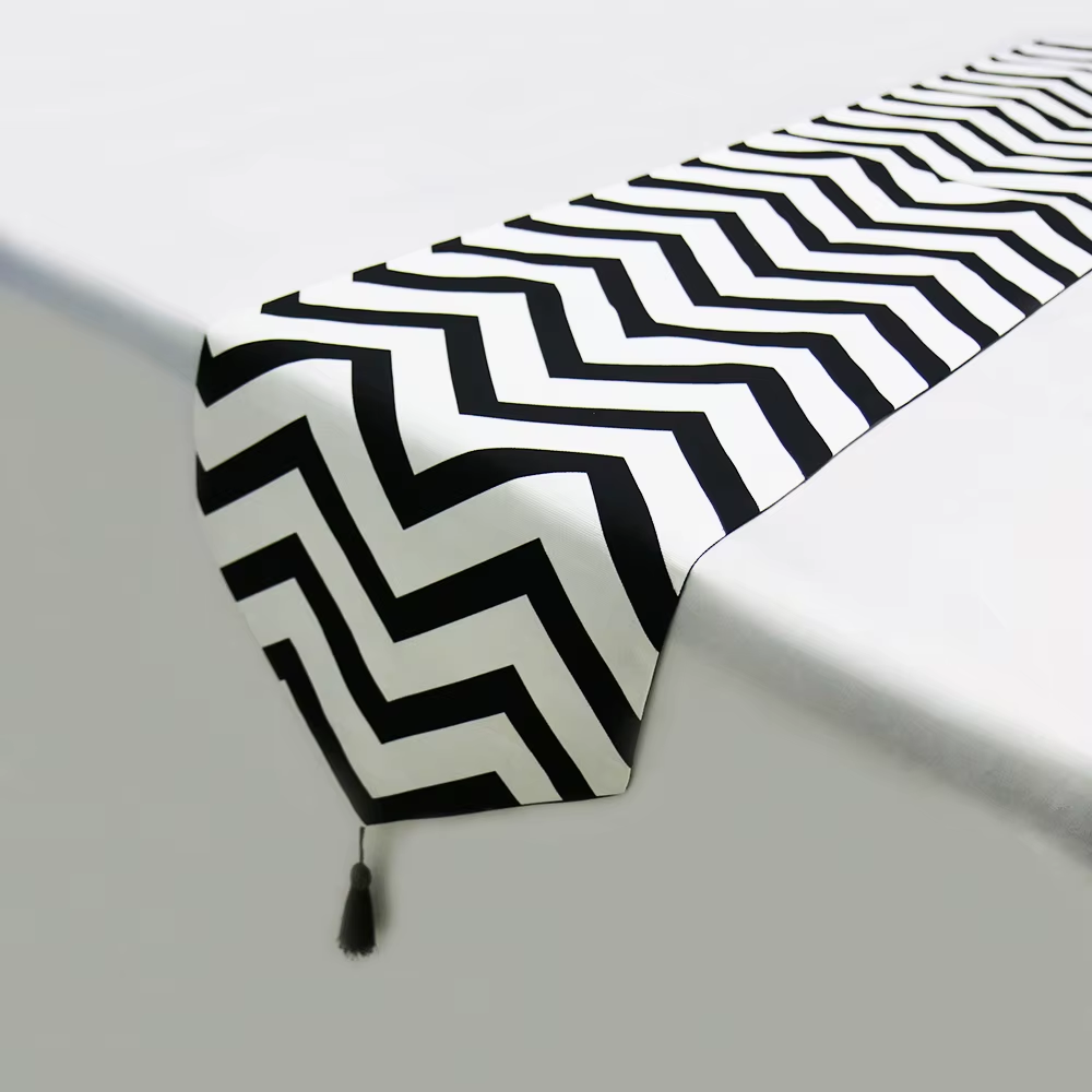 Chic Black and White Striped Table Runner with Tassels for Home Decor