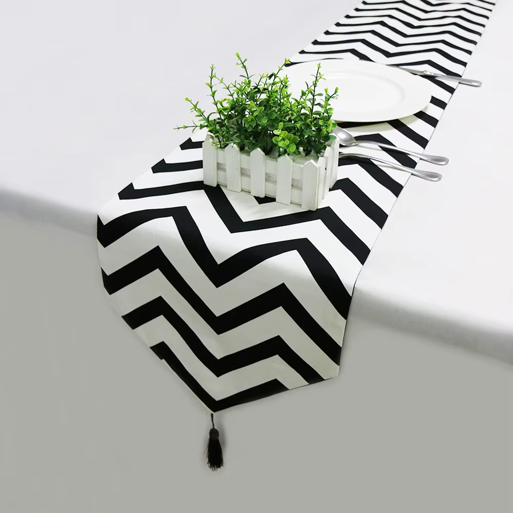 Chic Black and White Striped Table Runner with Tassels for Home Decor