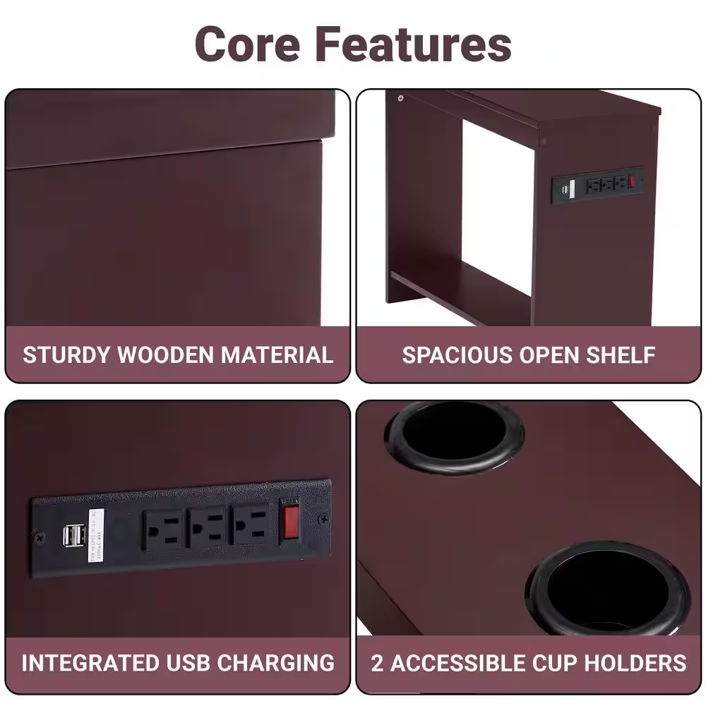 11 In. Cherry Rectangle Wood End Table with USB Ports and Outlets