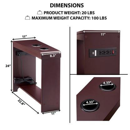 11 In. Cherry Rectangle Wood End Table with USB Ports and Outlets