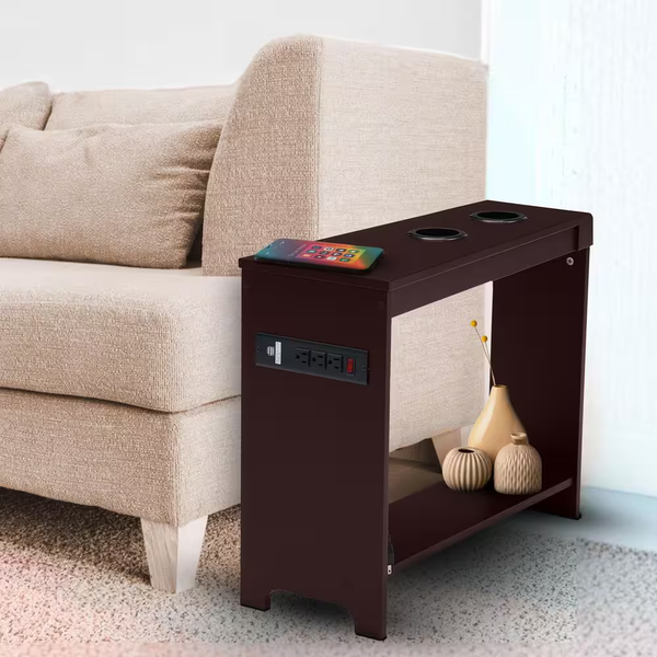 11 In. Cherry Rectangle Wood End Table with USB Ports and Outlets