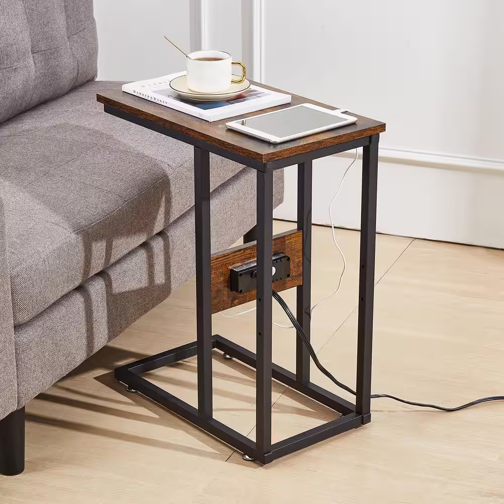 11 In. W. Brown C-Shaped End Side Couch Table Snack Style for Living Room, Sofa,