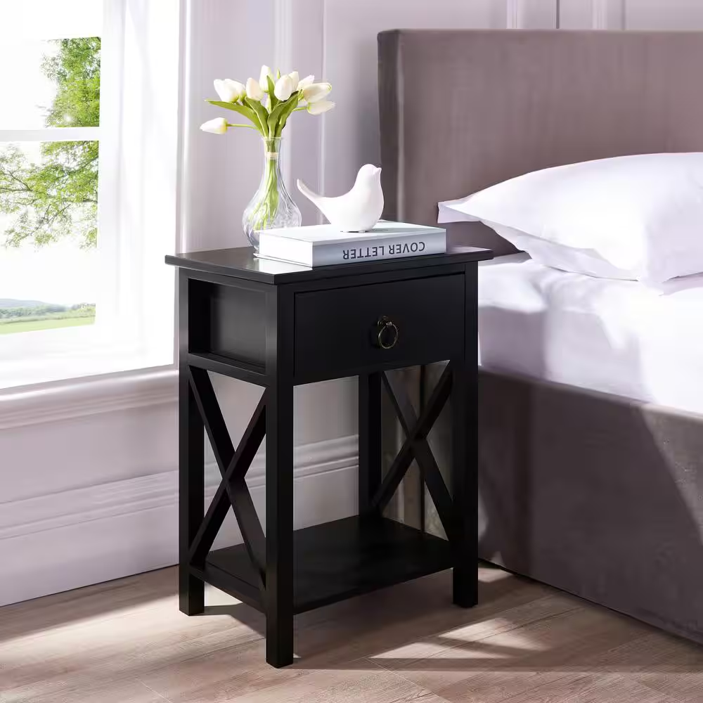 16 In. Black Wooden Rectangle End Table with Drawer and Shelf-Slim Nightstand fo