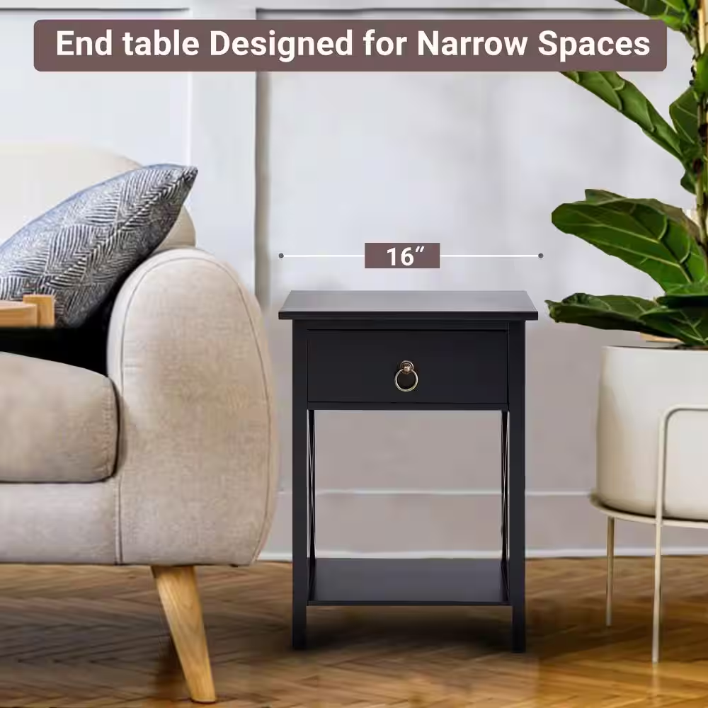 16 In. Black Wooden Rectangle End Table with Drawer and Shelf-Slim Nightstand fo