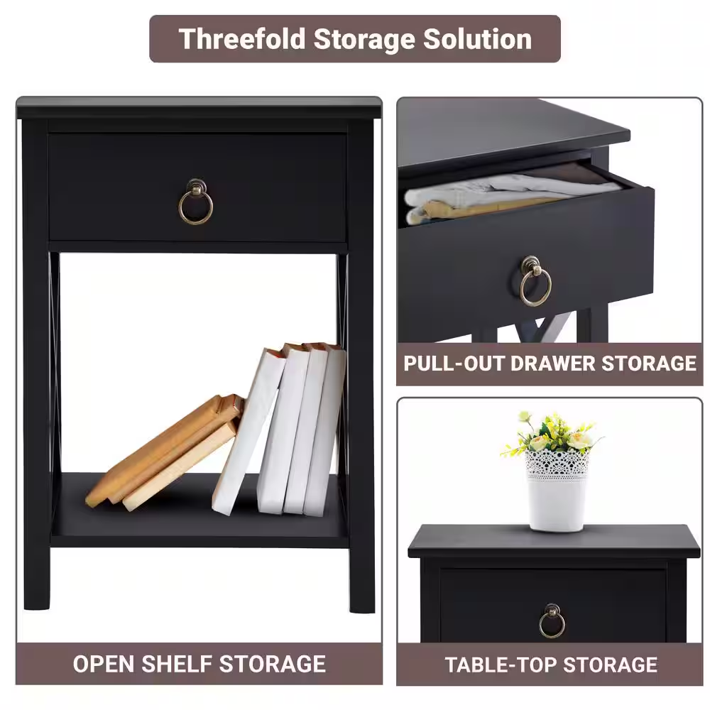 16 In. Black Wooden Rectangle End Table with Drawer and Shelf-Slim Nightstand fo