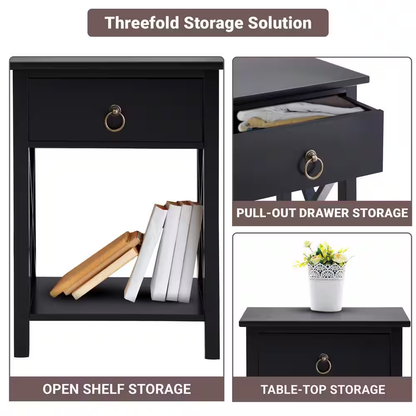 16 In. Black Wooden Rectangle End Table with Drawer and Shelf-Slim Nightstand fo