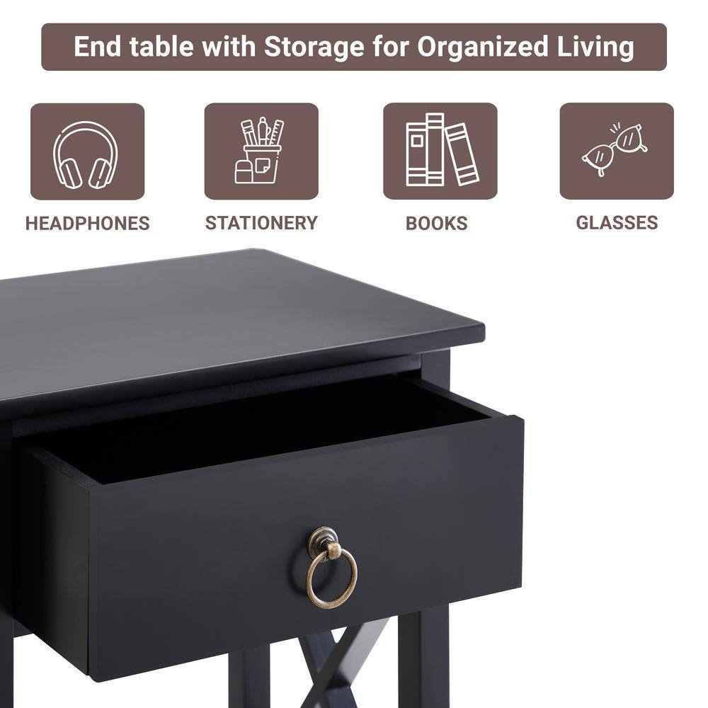 16 In. Black Wooden Rectangle End Table with Drawer and Shelf-Slim Nightstand fo