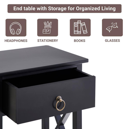 16 In. Black Wooden Rectangle End Table with Drawer and Shelf-Slim Nightstand fo