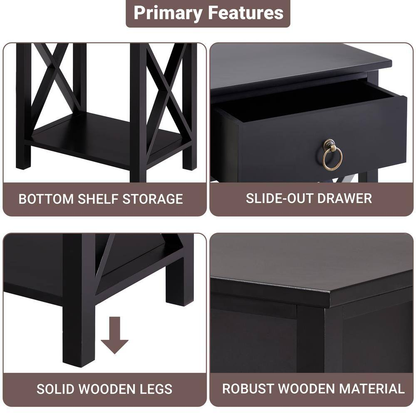 16 In. Black Wooden Rectangle End Table with Drawer and Shelf-Slim Nightstand fo