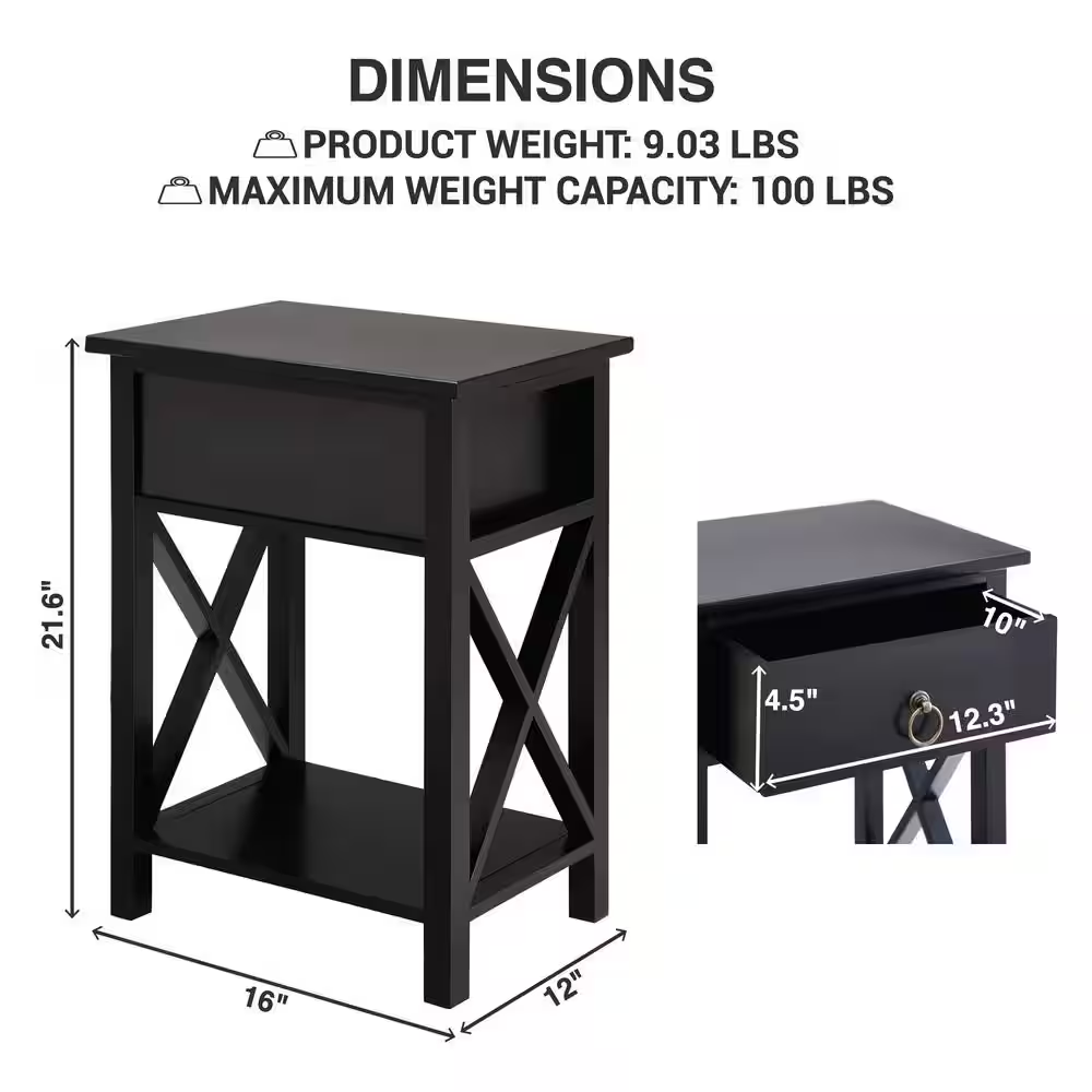 16 In. Black Wooden Rectangle End Table with Drawer and Shelf-Slim Nightstand fo
