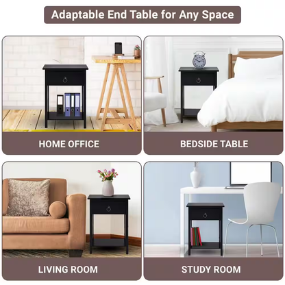 16 In. Black Wooden Rectangle End Table with Drawer and Shelf-Slim Nightstand fo