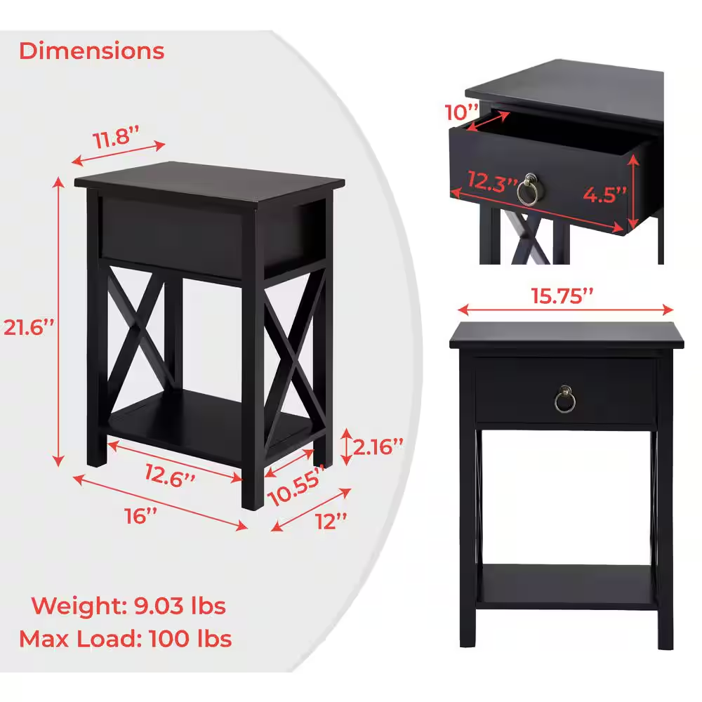 16 In. Black Wooden Rectangle End Table with Drawer and Shelf-Slim Nightstand fo