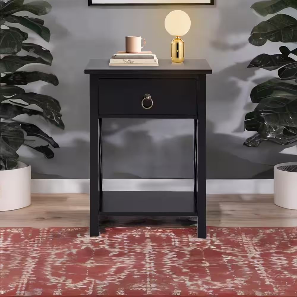 16 In. Black Wooden Rectangle End Table with Drawer and Shelf-Slim Nightstand fo