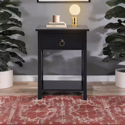 16 In. Black Wooden Rectangle End Table with Drawer and Shelf-Slim Nightstand fo