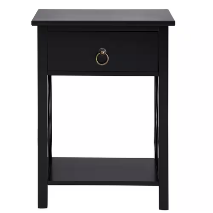 16 In. Black Wooden Rectangle End Table with Drawer and Shelf-Slim Nightstand fo