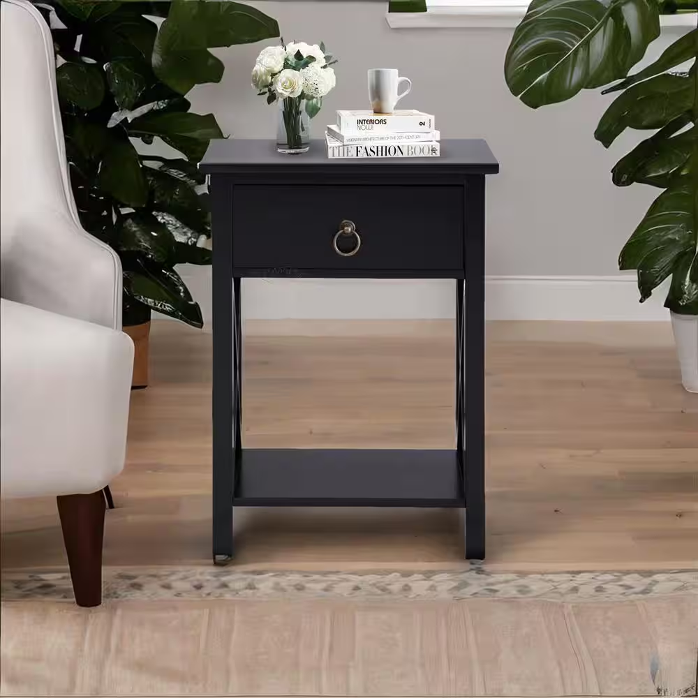 16 In. Black Wooden Rectangle End Table with Drawer and Shelf-Slim Nightstand fo
