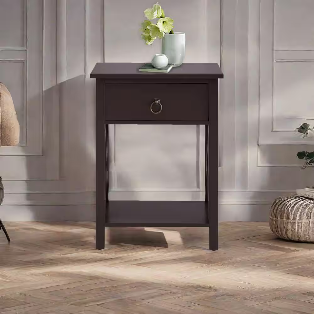 16 In. Espresso Narrow Wood End Table with Drawer and Shelf-Compact Side Table f